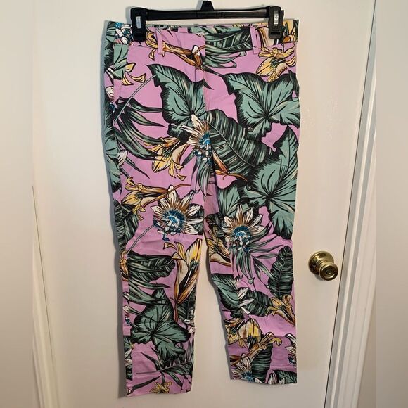 J. Crew EUC purple tropical palm skimmer cropped pants Size 10 - Picture 1 of 4